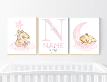 Nursery decor bear, nursery decor girl, bear nursery print, teddy bear decor, nursery wall art animals, girl nursery, pink nursery