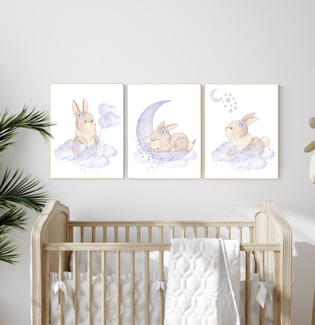Bunny nursery wall art, girl nursery decor, purple nursery decor, lilac nursery decor girl, lavender nursery, rabbit nursery art, set of 3