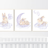 Bunny nursery wall art, girl nursery decor, purple nursery decor, lilac nursery decor girl, lavender nursery, rabbit nursery art, set of 3