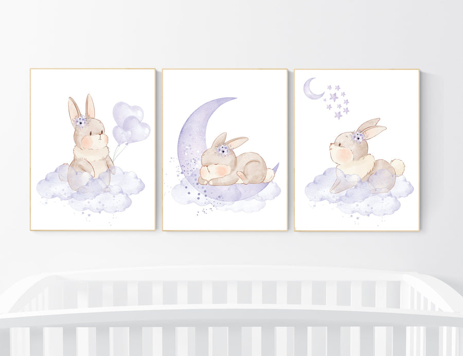 Bunny nursery wall art, girl nursery decor, purple nursery decor, lilac nursery decor girl, lavender nursery, rabbit nursery art, set of 3