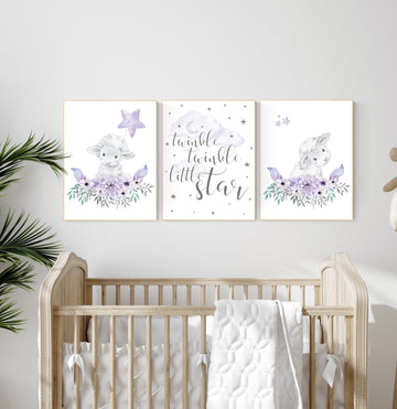 Purple nursery, Boho baby room, nursery wall art sheep, nursery decor girl, nursery decor girl floral, lilac nursery decor, lavender, lamb