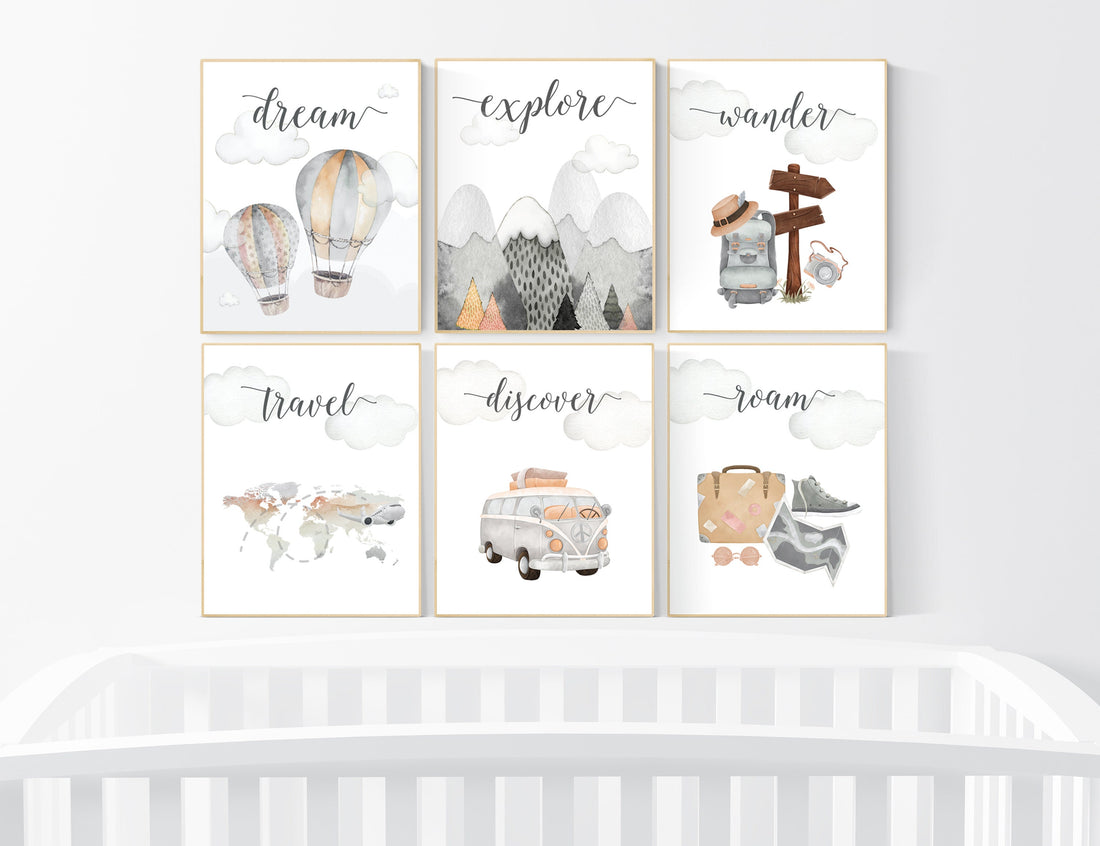 Travel nursery print, Explore nursery wall art, Baby boy nursery, Adventure Set of 6 prints, Camping Prints, Adventure Nursery Decor