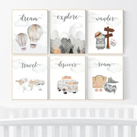 Travel nursery print, Explore nursery wall art, Baby boy nursery, Adventure Set of 6 prints, Camping Prints, Adventure Nursery Decor