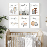 Travel nursery print, Explore nursery wall art, Baby boy nursery, Adventure Set of 6 prints, Camping Prints, Adventure Nursery Decor