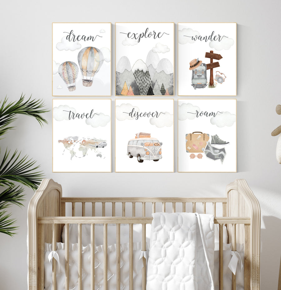 Travel nursery print, Explore nursery wall art, Baby boy nursery, Adventure Set of 6 prints, Camping Prints, Adventure Nursery Decor