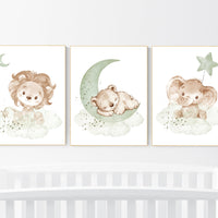 Nursery wall art animals, green nursery, gender neutral nursery, sage green, baby room decor, bear, elephant, lion, animal prints