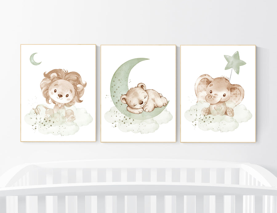 Nursery wall art animals, green nursery, gender neutral nursery, sage green, baby room decor, bear, elephant, lion, animal prints