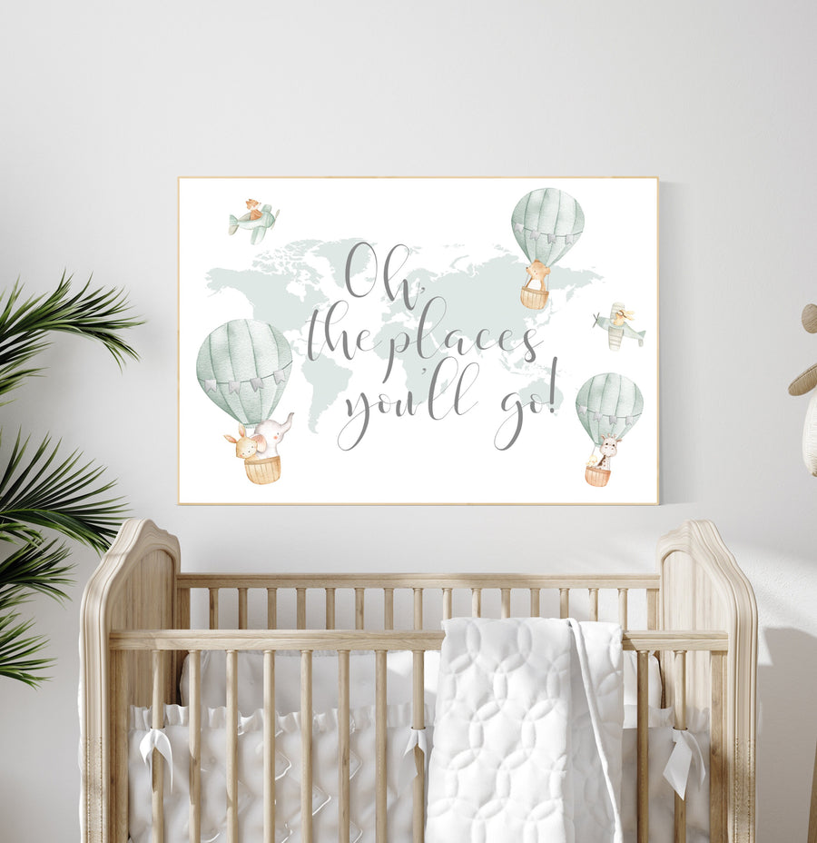 Sage green wall art, Nursery decor gender neutral, gender neutral nursery decor, baby room decor, nursery prints neutral, hot air balloon