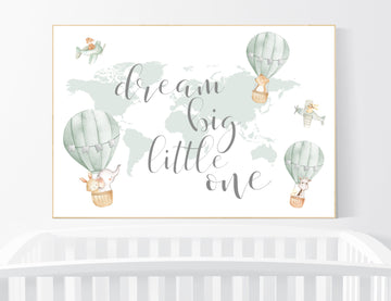 Nursery decor neutral, green, sage green wall art, gender neutral nursery decor, baby room decor, nursery prints neutral, hot air balloon