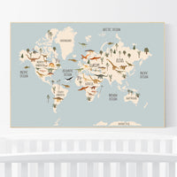 Safari animals nursery, Animal World Map, Map of the World, Playroom decor, Nursery world map, animal map, gender neutral, large size