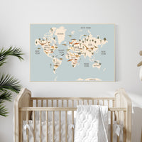 Safari animals nursery, Animal World Map, Map of the World, Playroom decor, Nursery world map, animal map, gender neutral, large size