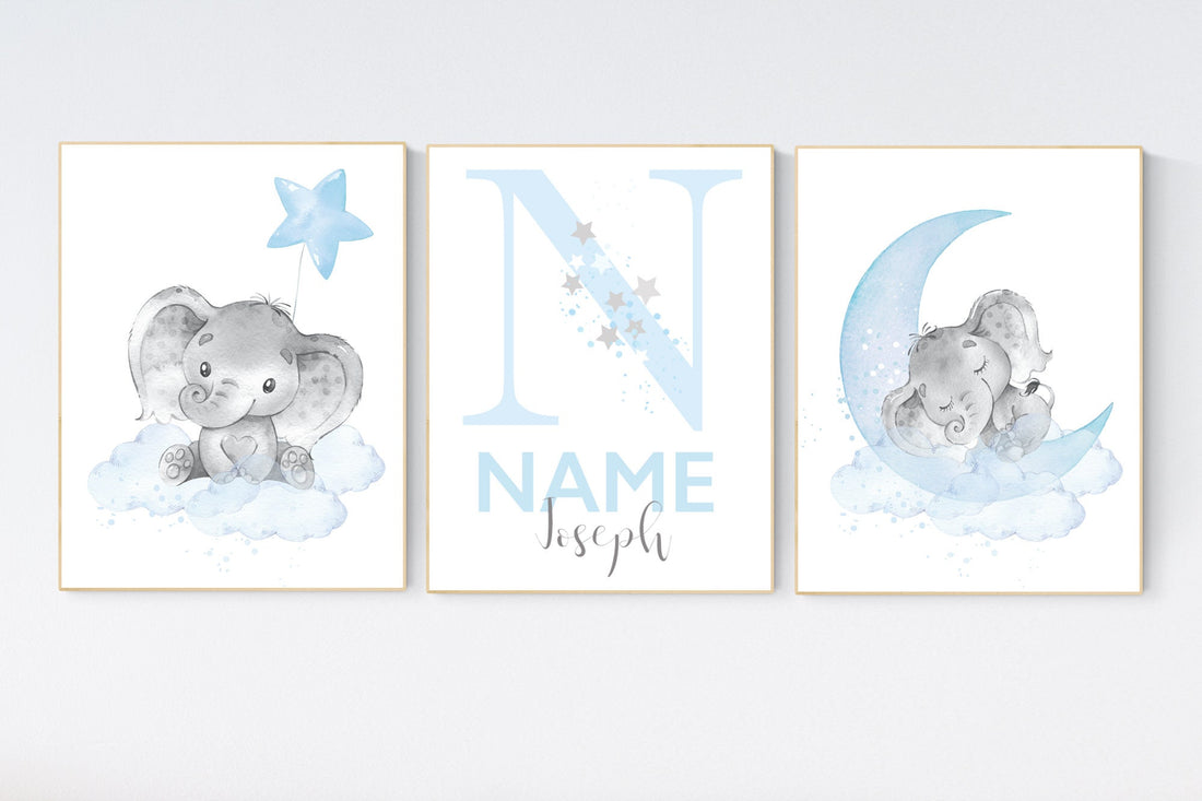 Nursery decor boy, elephant nursery art, blue nursery decor, boy nursery wall art, boy nursery wall art, name nursery boy