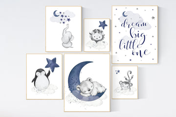 Animal nursery wall art, bear, penguin, elephant, lion, monkey, boy nursery decor, navy nursery, boy nursery wall art, dream big little one
