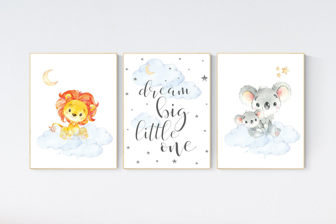 Animal nursery, gender neutral, blue yellow, moon and stars, lion, koala nursery, bear, neutral colors, woodland, dream big little one