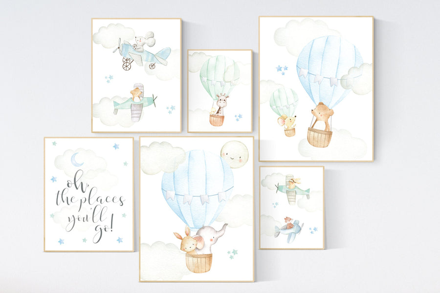 Nursery decor boy airplane, nursery decor boy hot air balloon, oh the places you'll go, nursery wall art animals, boy nursery, mint and blue