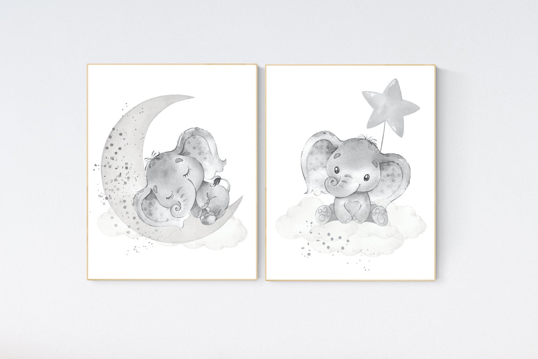 Grey nursery wall art, elephant nursery wall art, gender neutral, gray nursery art, nursery wall decor, moon, stars, neutral, twin nursery