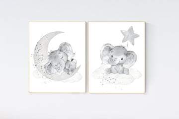 Grey nursery wall art, elephant nursery wall art, gender neutral, gray nursery art, nursery wall decor, moon, stars, neutral, twin nursery