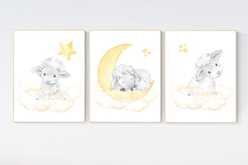 Sheep nursery decor, yellow nursery decor, nursery decor lambs, nursery wall art sheep, moon and cloud wall art nursery gender neutral