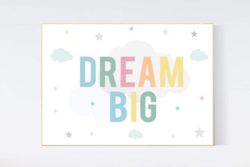 Dream Big Little one, pastel colors, gender neutral nursery decor, baby room decor, cloud nursery decor, dream big nursery, large prints