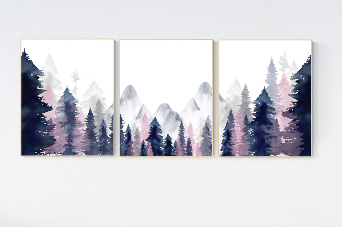 Nursery decor woodland, mountain wall art, tree nursery decor, adventure theme nursery, forest, navy and pink, woodland animals, navy pink