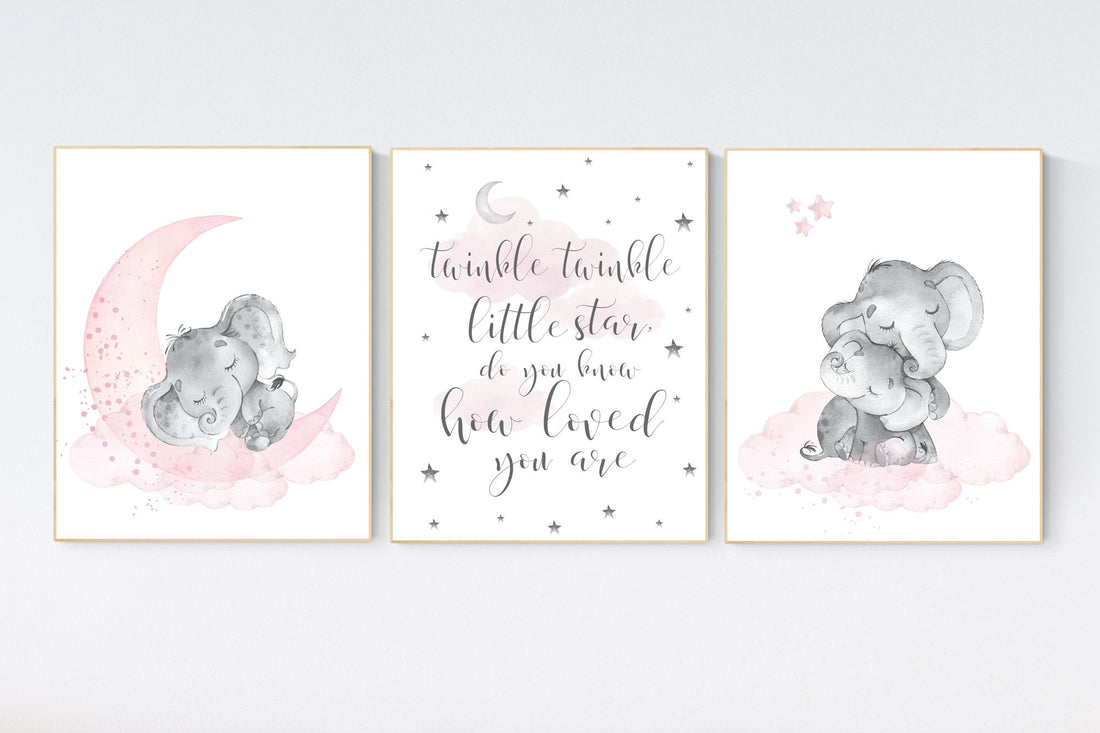 Elephant nursery, nursery wall art elephant, nursery decor girl, twinkle twinkle little star, baby room, girl nursery decor, moon and stars
