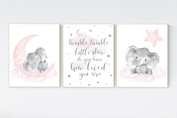 Elephant nursery, nursery wall art elephant, nursery decor girl, twinkle twinkle little star, baby room, girl nursery decor, moon and stars