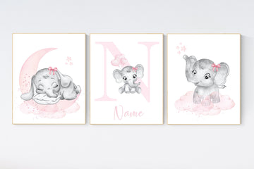 Nursery wall art girl elephant, pink and grey, nursery decor girl pink, moon, stars, nursery prints, baby room decor, girl nursery, animals