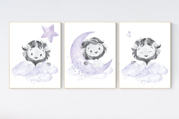 Lion nursery wall art, purple nursery, girl nursery decor, animal prints, nursery decor girl, lilac nursery, lavender nursery, lion prints