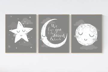 Nursery wall art grey, gray nursery, nursery decor neutral, baby room decor gender neutral, moon and stars, grey nursery decor baby room art