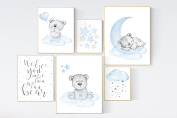 Nursery wall art bear, Nursery decor boy animal, nursery wall art boy, blue gray wall art, bear nursery art, nursery prints set