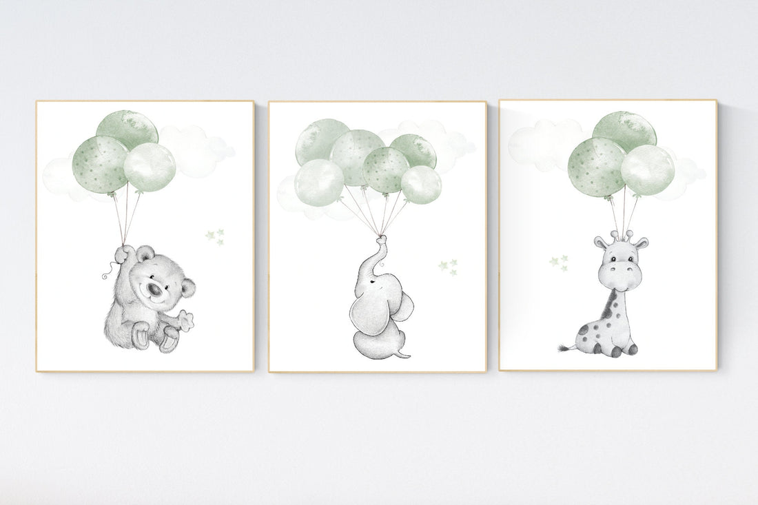 Nursery wall art animals, green nursery, gender neutral nursery, sage green, baby room decor, bear, elephant, giraffe, animal prints