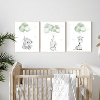 Nursery wall art animals, green nursery, gender neutral nursery, sage green, baby room decor, bear, elephant, giraffe, animal prints