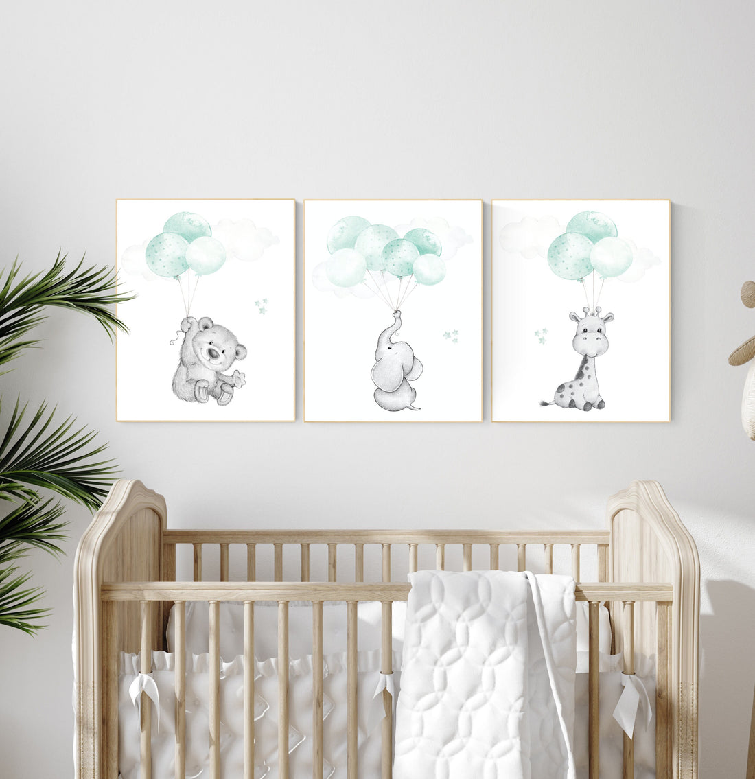 Mint nursery wall art, gender neutral, elephant nursery wall art, animal prints, elephant balloon print, mint green, twin nursery, balloons