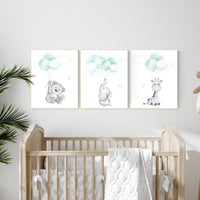 Mint nursery wall art, gender neutral, elephant nursery wall art, animal prints, elephant balloon print, mint green, twin nursery, balloons