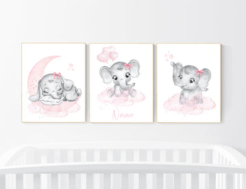 Nursery wall art girl elephant, pink and grey, nursery decor girl pink, moon, stars, nursery prints, baby room decor, girl nursery, animals