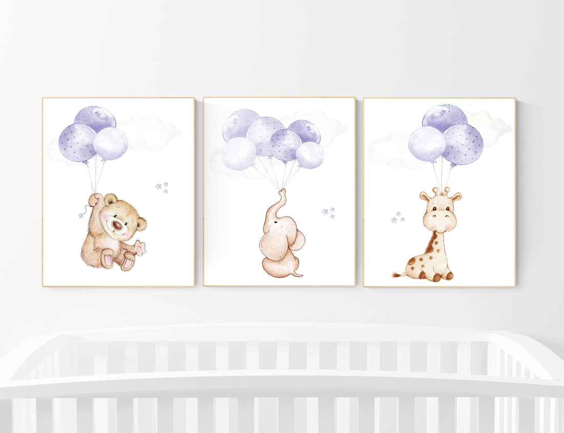 Nursery decor girl purple, animal prints for nursery, lavender nursery, animal nursery prints, balloon nursery, girl nursery room decor