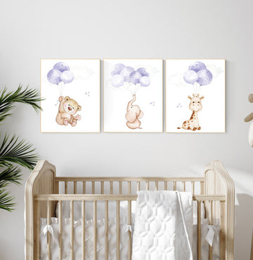 Nursery decor girl purple, animal prints for nursery, lavender nursery, animal nursery prints, balloon nursery, girl nursery room decor