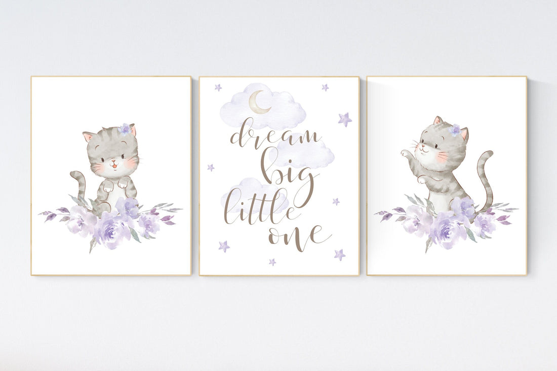 Nursery decor girl purple, cat nursery, Nursery decor girl lavender and gray, kitten nursery, girl nursery decor, cats print for nursery