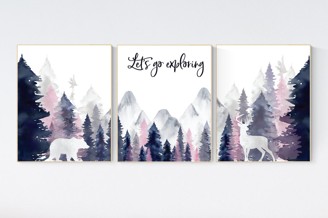 Woodland nursery, girl nursery decor, pink and navy nursery, mountain wall art, tree nursery decor, forest nursery, girl nursery decor
