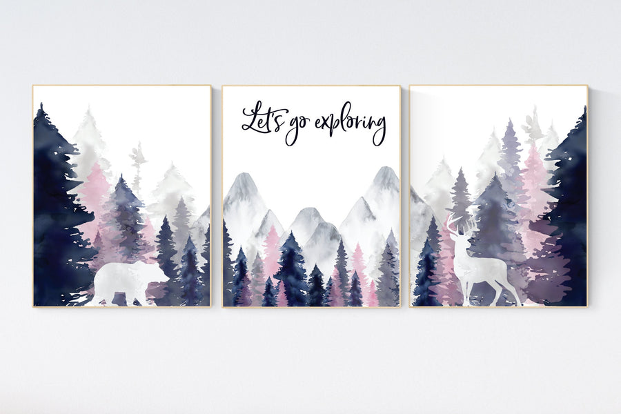 Woodland nursery, girl nursery decor, pink and navy nursery, mountain wall art, tree nursery decor, forest nursery, girl nursery decor