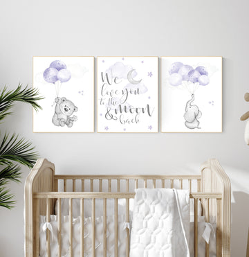 Nursery decor girl purple, elephant nursery, lavender and gray, elephant balloons, purple nursery, girl nursery ideas, lilac nursery