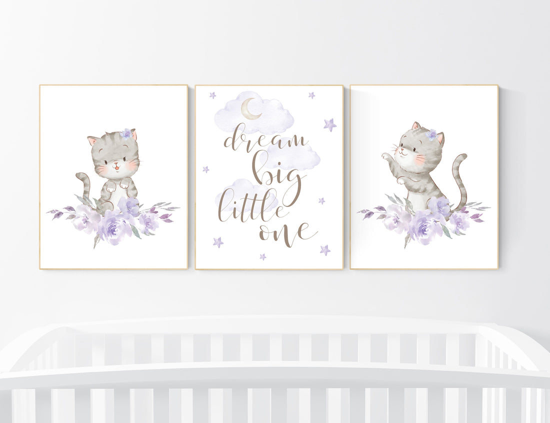 Nursery decor girl purple, cat nursery, Nursery decor girl lavender and gray, kitten nursery, girl nursery decor, cats print for nursery