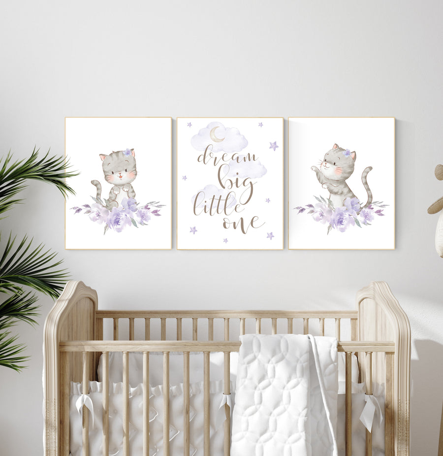 Nursery decor girl purple, cat nursery, Nursery decor girl lavender and gray, kitten nursery, girl nursery decor, cats print for nursery