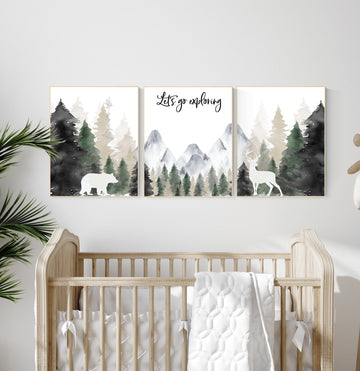 Nursery decor woodland, mountain wall art, tree nursery decor, adventure theme nursery, forest nursery, sage green, woodland animals