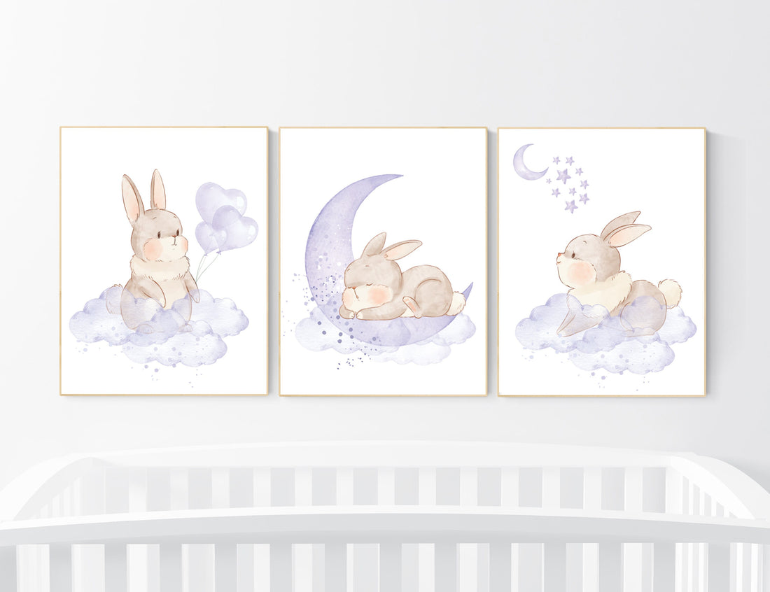 Nursery decor girl, bunny nursery decor, purple nursery decor, lilac nursery decor girl, lavender nursery, rabbit nursery art, set of 3