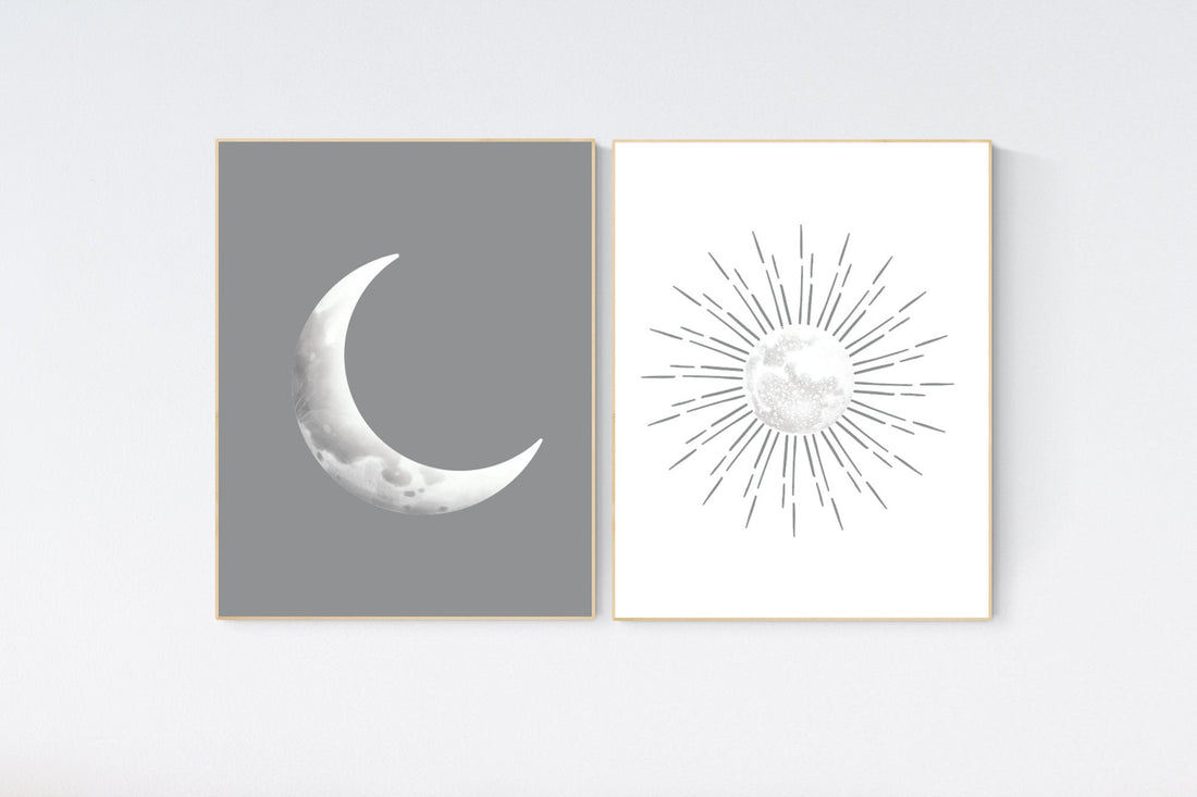 Grey nursery decor, gray nursery decor, sun and moon, grey, moon and stars nursery, gender neutral nursery wall art, sunshine, moon