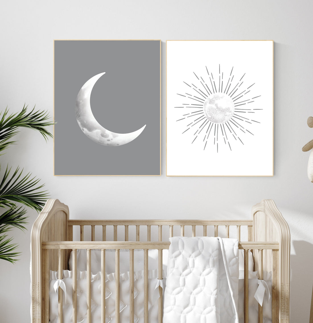 Grey nursery decor, gray nursery decor, sun and moon, grey, moon and stars nursery, gender neutral nursery wall art, sunshine, moon