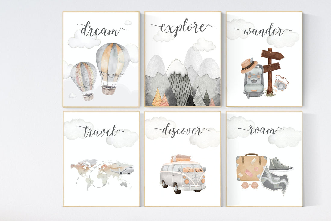 Travel nursery print, Explore nursery wall art, Baby boy nursery, Adventure Set of 6 prints, Camping Prints, Adventure Nursery Decor