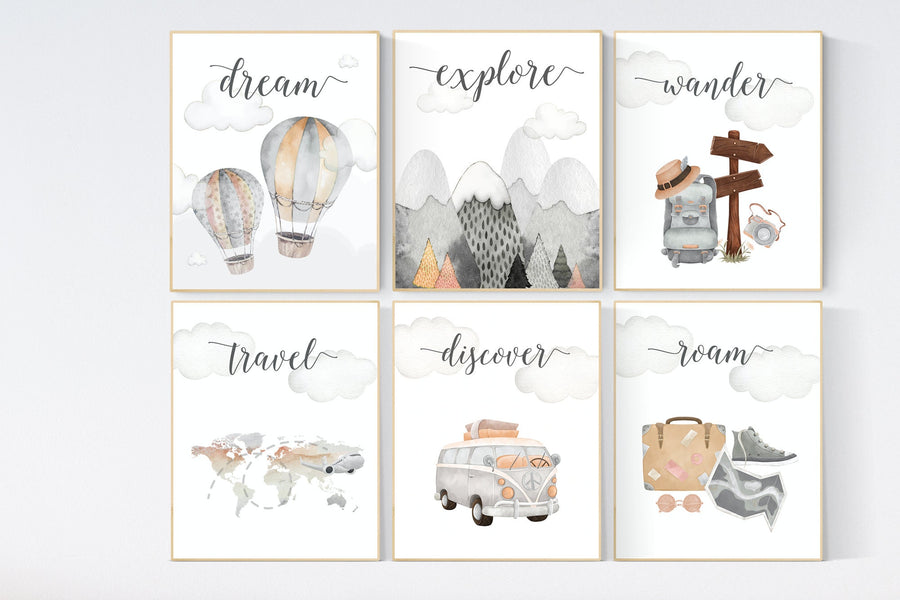 Travel nursery print, Explore nursery wall art, Baby boy nursery, Adventure Set of 6 prints, Camping Prints, Adventure Nursery Decor