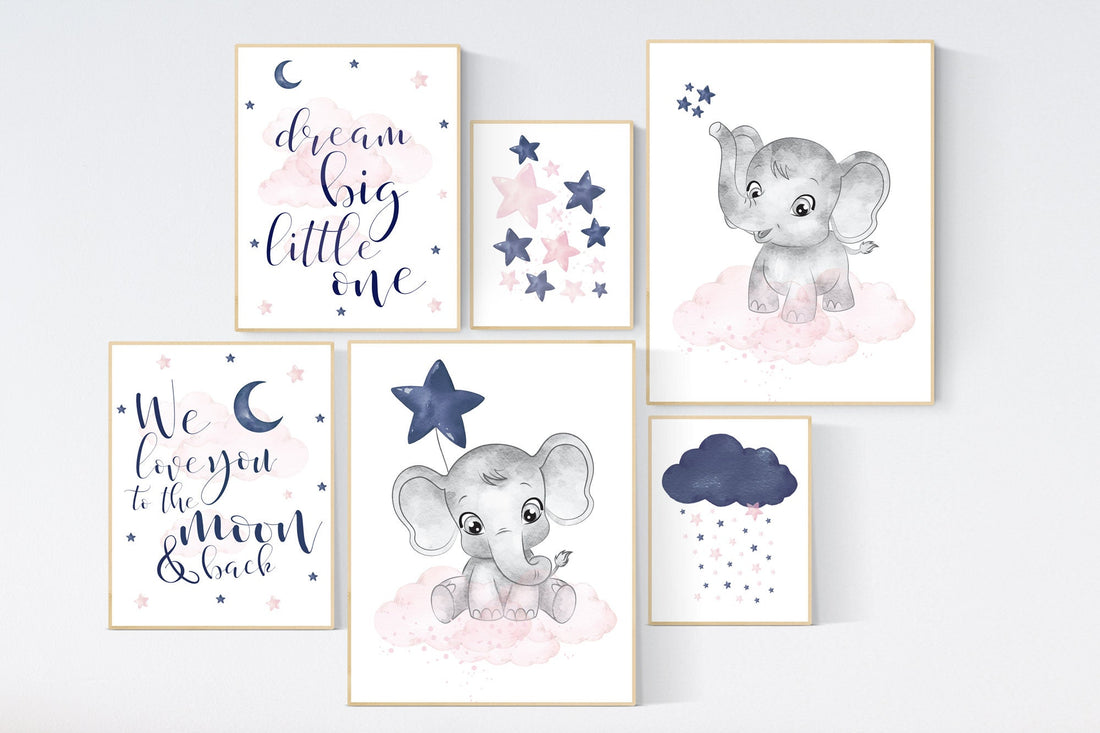 Nursery wall art girl, twin nursery, pink and navy, elephant nursery, dream big little one, girl nursery decor, nursery print set, elephant